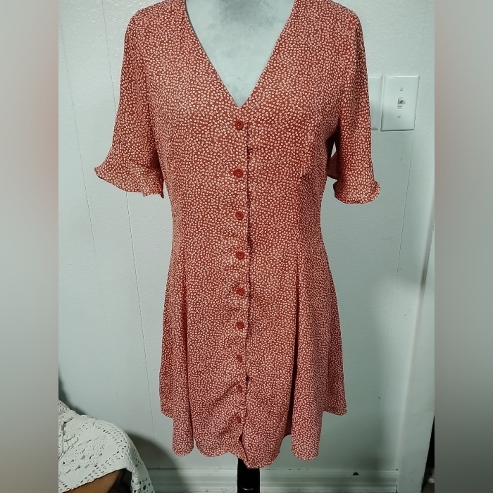 LuLus Salmon Dress Button Front Retro Small Ditsy Dot Feminine Romantic Classic